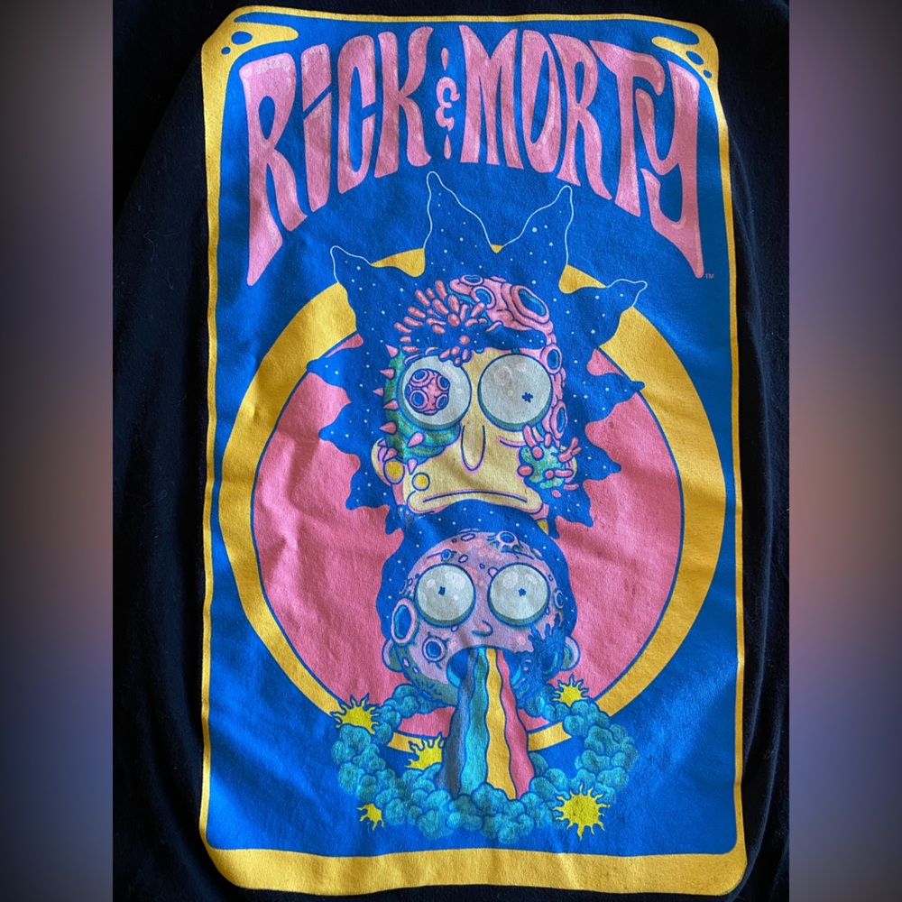 Rick & Morty Black Graphic Short Sleeve Cotton Tee Psychedelic Crew Neck Large